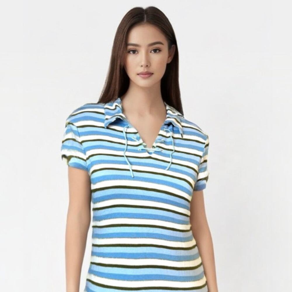 Hurley International Cupid Polo Lace Up Body Con Striped Lurex Top EUC